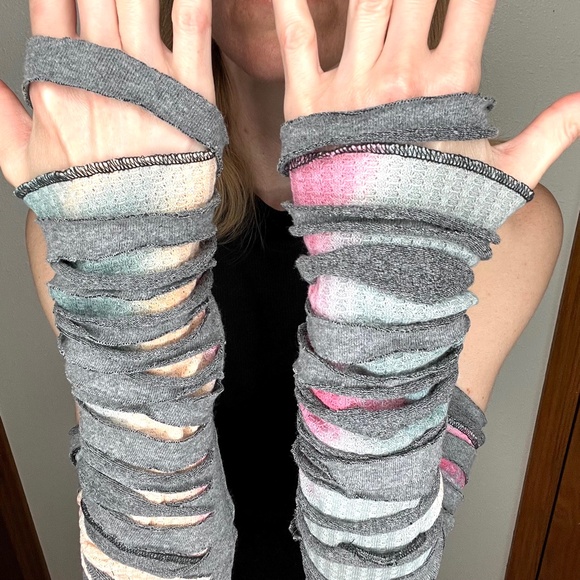 Mummy Bandage Gloves Pink Tie Dye Lace Up Arm Warmers Gray Ripped Whimsygoth Psy - Picture 3 of 11